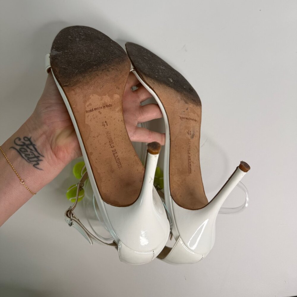 Manolo Blahnik (Tennis) White Patent Leather Sandals - Picture 10 of 11